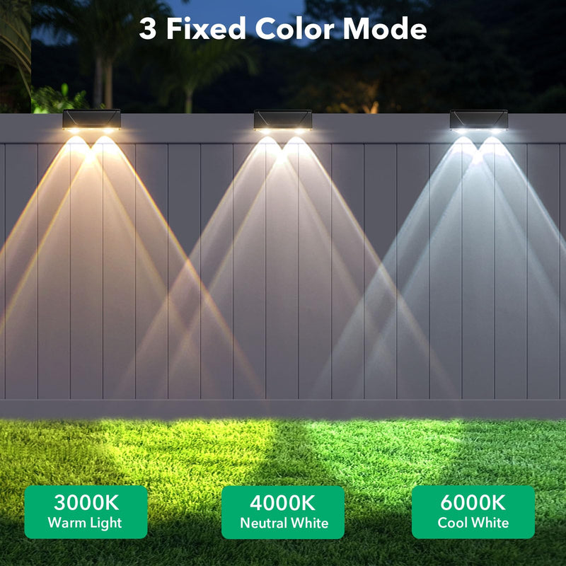 Solar Fence Lights Outdoor - 3 Color Modes(3000K/4000K/6000K), IP55 Waterproof Solar Lights, Fence Light Solar Powered for Outside, Backyard, Railing, Steps, Patio and Wall Lighting
