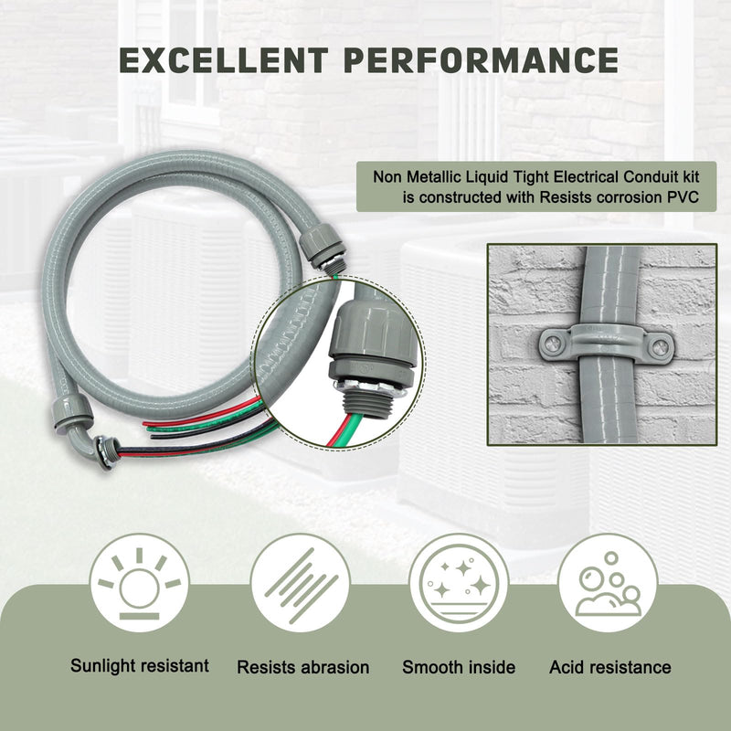 1/2" x 4Ft Power Whip Assembly Kit, Non-Metallic Liquid Tight Flexible Electrical Conduit with 10 Gauge Wire Electrical AC Whip Kit