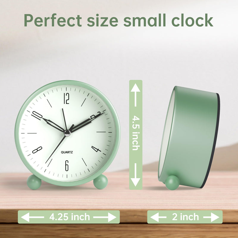 Analog Alarm Clock, 4 inch Super Silent Non Ticking Small Clock with Night Light, Battery Operated, Simple Design, Old Fashioned Style Ideal Decor, for Bedroom, Bedside, Desk, Adult, Kid, Gift, Green