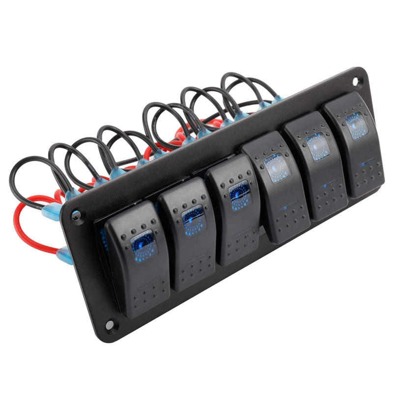 Amarine Made 12-24V Boat Switch Panel Illuminated Rocker Switch Aluminum Pre-Wired Panel 6 Gang Toggle Switches Dash 5 Pin ON/Off 2 LED Backlit for Bus Boat Car Marine Blue LED IP65 (6 Gang)