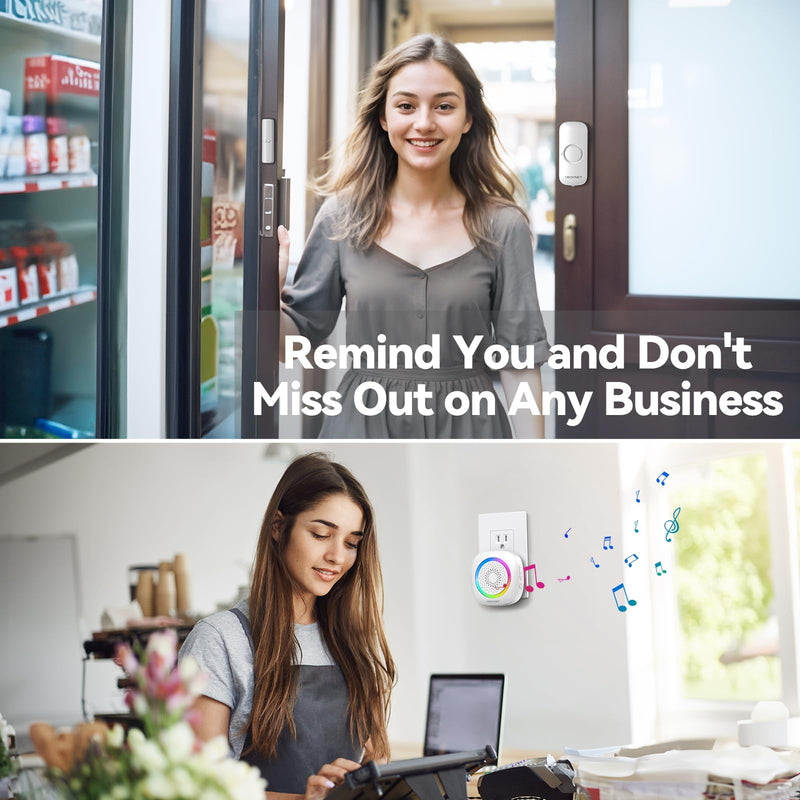 TECKNET Door Chime When Door Opens, Wireless Door Sensor Alarm Chime with 1000Ft Range, 61 Songs, 5 Volume Levels, RGB Light, Door Bells Chimes for Business/Store/Home/Office Entry Security Alarm 1 Receiver+1 Sensor White