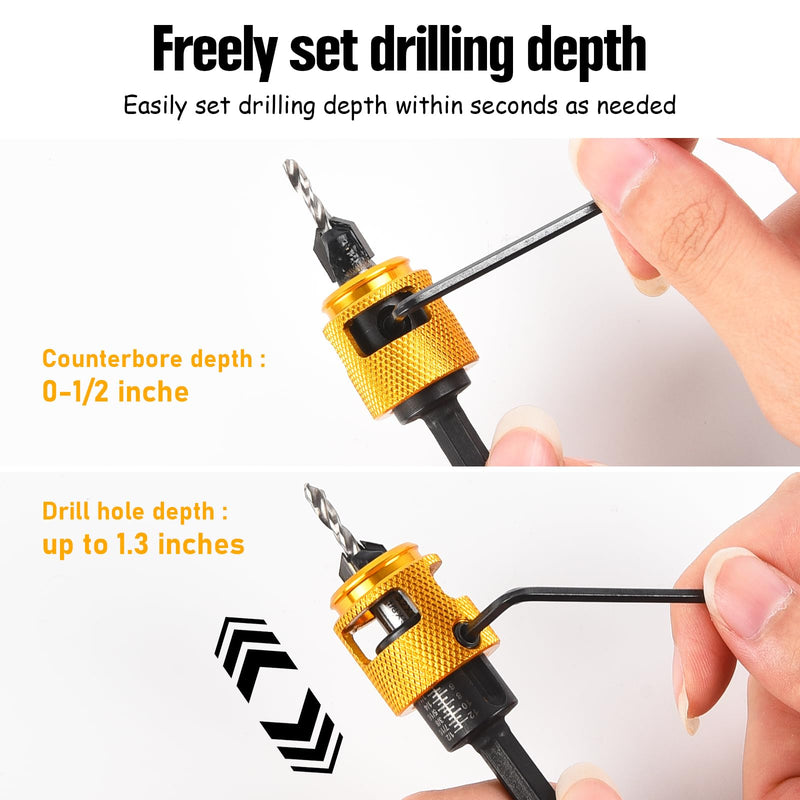 Countersink Drill Bit Set for Wood, 7Pcs Counter Sink Drill Bit Set with Adjustable Depth Stop and 1/4" Quick Change Hex Shank, Replaceable HSS M2 Bits Tapered Head for Woodworking