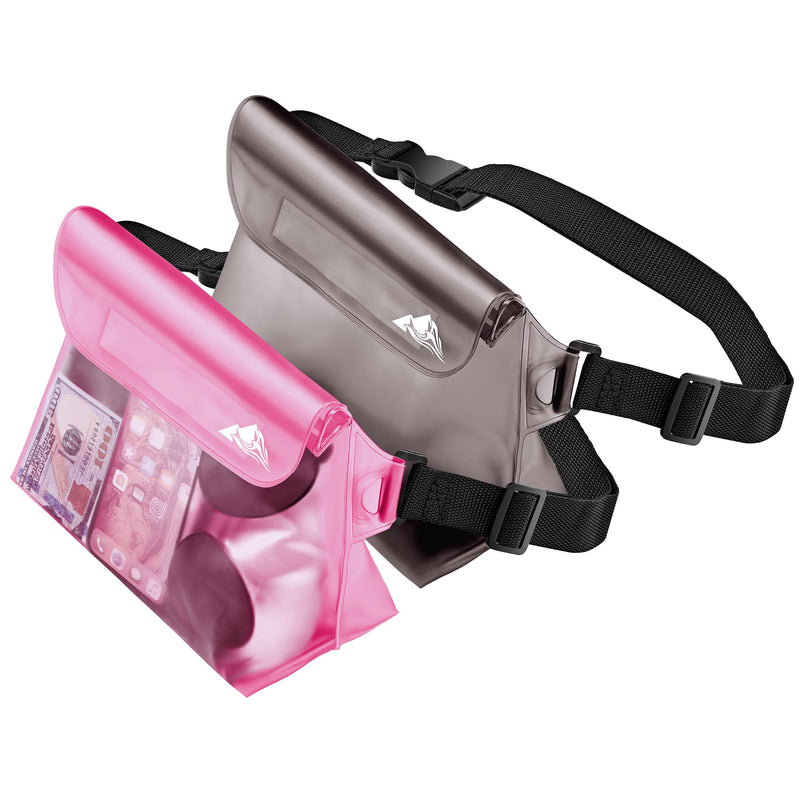 HEETA Waterproof Dry Bag for Women Men (Transparent Black 5L) Bundled with 2-Pack Waterproof Pouch with Waist Strap (Pink & Grey)