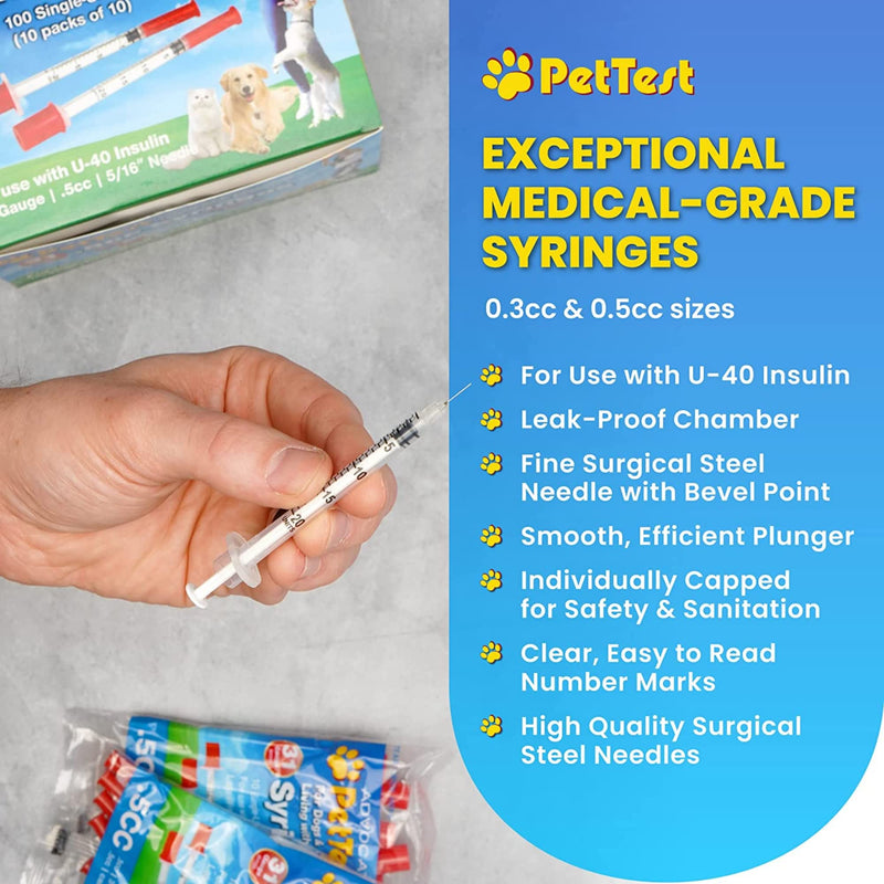 PetTest U-40 Pet Insulin Syringes With Needles - Comfortable Thin 31 Gauge Needles - For Cats & Dogs - Pets Diabetic Supplies - 100 Pack - Thinnest 31G, 5/16 inch long needle, 1/2cc (0.5cc) Volume 31 Gauge, 0.5 cc