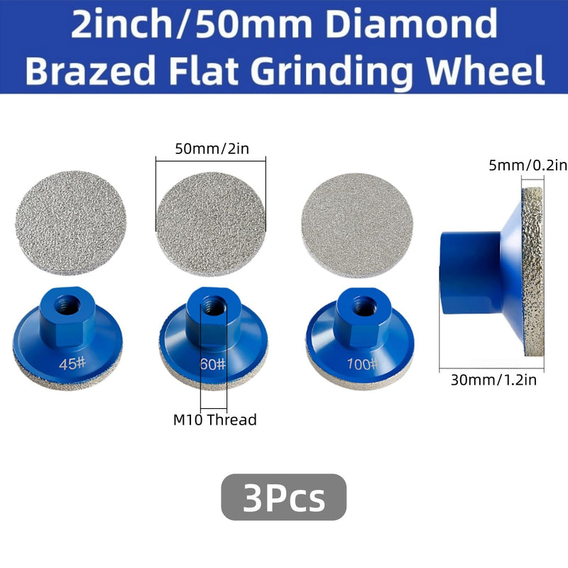 2inch 50mm Brazed Flat Grinding Wheel Diamond Grinding Disc Polishing Pads M10 Thread for Quartz Marble Granite Trimming 3Pcs 45/60/100 Grit