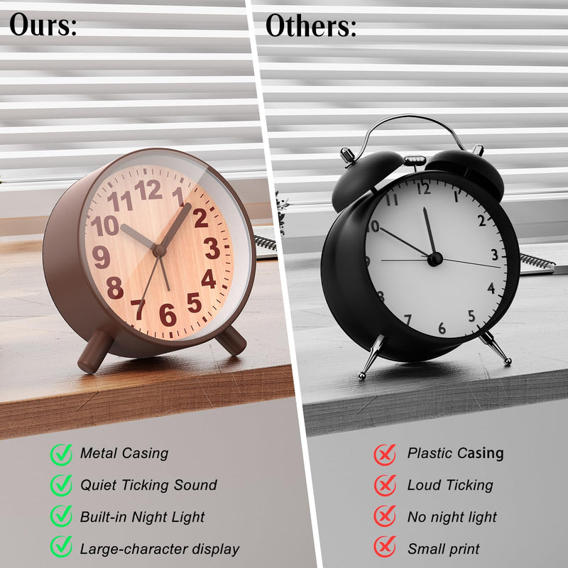 Retro Analog Alarm Clock with Night Light, Battery Operated, Easy to Set - Ascending Alarm, Snooze, Simple Round Metal Design for Bedroom, Desk, Bedside, Travel, Kids, Adults, Heavy Sleepers Brown