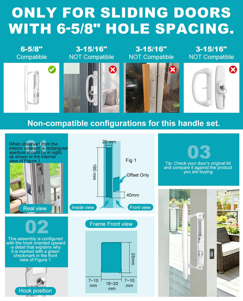 Sliding Patio Door Handle Set, Non-Keyed White Diecast Replacement Handle, Fits 1" to 1-1/8" Thick Sliding Glass Doors, 6-5/8" Hole Spacing, Non-Handed Reversible Design 6-5/8" H.C Non Keyed