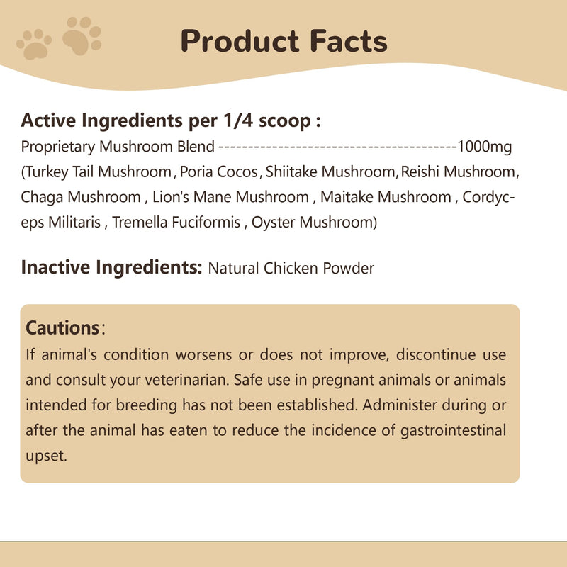 Turkey Tail Mushroom for Dogs, Organic 10 Mushroom Blend for Lipoma Lumps and Bumps, Dog & Cat Mushroom Supplements with 50% Beta Glucan, Joint Gut Immune Skin Support - 120g Chicken