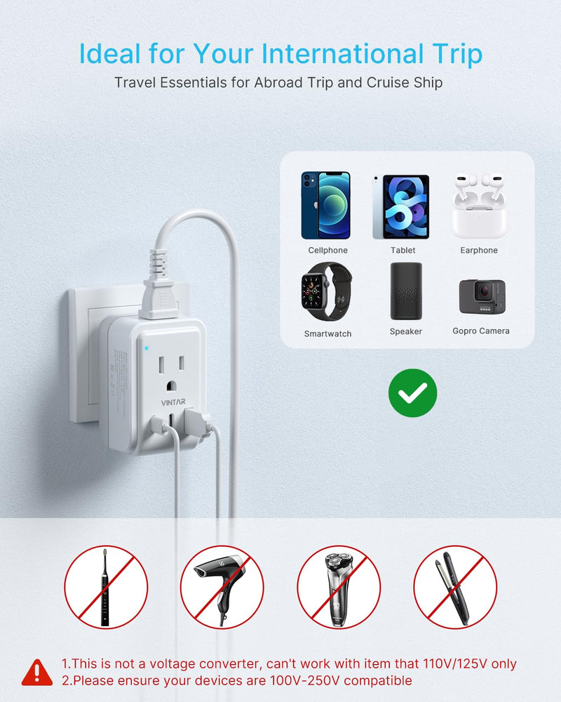 1 Pack European Travel Plug Adapter, VINTAR Foldable International Power Plug with 2 AC Outlets 3 USB Ports(2 USB C), Type C Travel Essentials Charger for US to Most of Europe EU Italy Spain France Type C - Most of Europe - 17W