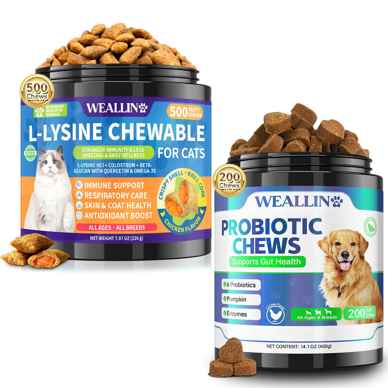 WEALLIN Cat & Dog Supplement Bundle – L-Lysine Chews for Cats 500 Count with Immune Support + Dog Probiotics Chews 200 Count for Digestive & Gut Health, Chicken Flavor