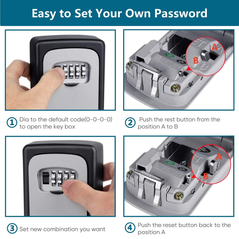 Lospu HY® Key Lock Box, 4 Digit Combination Key Storage Lockbox, Waterproof Wall Mount Key Safe Box for Indoor, Outdoor, Home, Hotels, Airbnb and Schools Grey