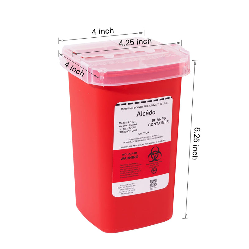 Alcedo Sharps Container for Home Use 1 Quart (1-Pack) | Biohazard Needle and Syringe Disposal | Small Portable Container for Travel and Professional Use