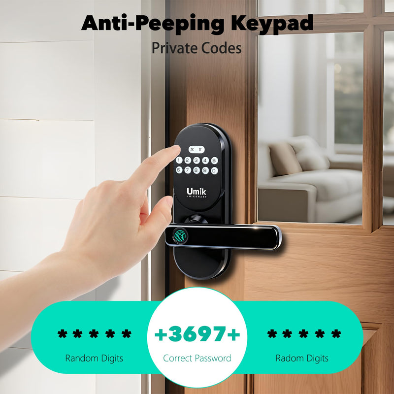 Fingerprint Smart Door Lock with Handle, Keyless Entry Door Lock for Front Door, Auto-Lock, APP Control, Easy Install (Black)