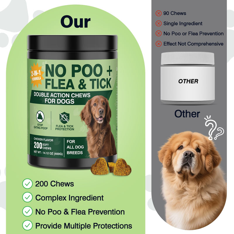 200 Chews Flea and Tick Prevention Chews-No Poo Chew for Dogs-2 in 1 Control Coprophagia & Flea Tick Supplement-Natural Soft Treats Deterrent Eat Poop with Digestive Enzymes Probiotics-Chicken Chicken