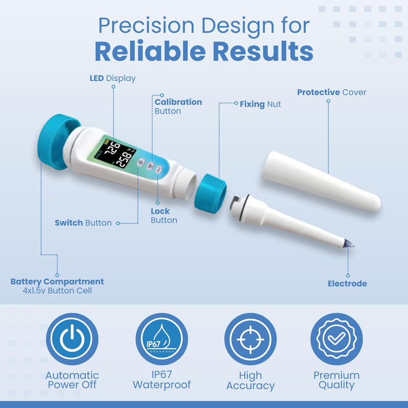 Digital pH Meter for Food - Professional pH Tester with Spear Probe for Sourdough, Fermentation, Hot Sauce, Canning, Cheese, Salami, Kimchi, Kombucha - Water-Resistant Kit with pH Calibration Powders Blue