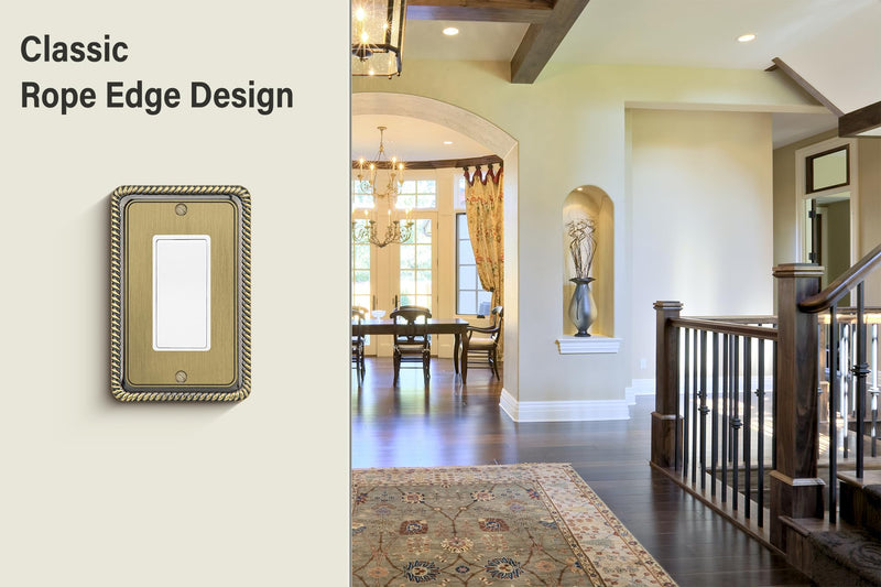 Henne Bery Rope Edge Decorative Wall Plate Switch Plate Outlet Cover (Single Decorator, 2 Pack, Antique Brass) Single Decorator 2PK