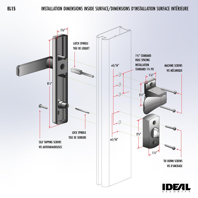 Ideal Security EL Keyed Lever Mount Latch with Deadbolt, Surface Mount Storm Door Handle Replacement, 2 Posts with Tie Down Screw, Satin Chrome