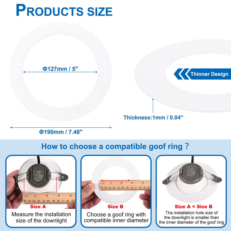 PATIKIL 5" ID 7.48" OD Goof Rings for Recessed Light, Matte White Goof Metal Trim Ring Lighting Fixture for Ceiling Wall Recessed Can Downlights 5"x7.48"
