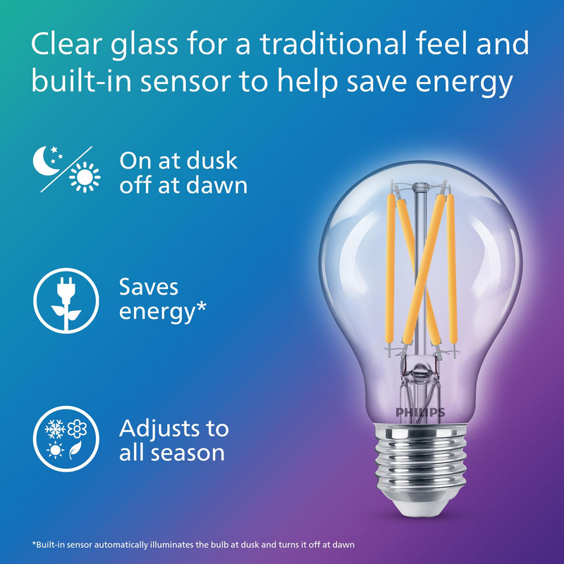 PHILIPS LED 60W A19 3-Pack Dusk to Dawn Soft White (2700K) 800 Lumen (7.2W = 60W) Clear Flicker-Free Light Bulbs 3 Pack
