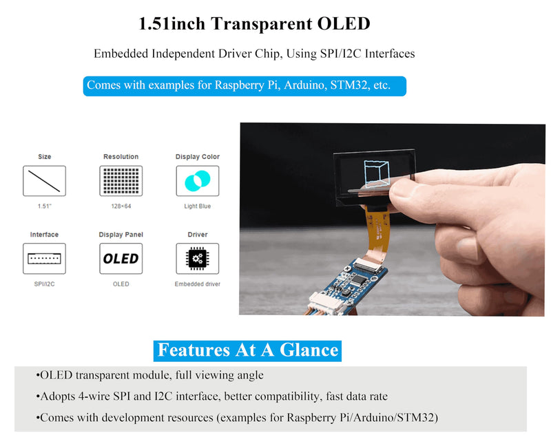 1.51inch Transparent OLED Compatible with Raspberry Pi 5/4B/3B+/3B/A+/Pi Zero W/Pi Zero 2W, 128 x 64 Resolution, SPI/I2C Interfaces, Embedded Independent Driver Chip, Light Blue Color Display