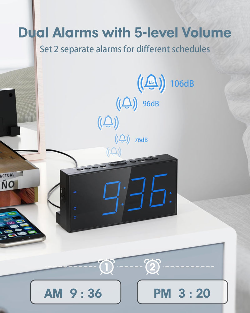Roxicosly Loud Alarm Clock with Bed Shaker, Vibrating Alarm Clock for Heavy Sleepers/Hard of Hearing/Deaf,Dual Alarms, 7.5’’ Large LED Display, Dimmer, USB Charging Port, Plug-in with Memory Function with Bed Shaker & Thin Font Blue Digits, Thin Font