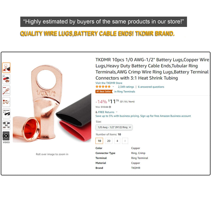 TKDMR 10pcs 6 Awg-1/4" Ring Marine Grade Copper Wire Lugs,with 3:1 Heat Shrink Tubing,UL Battery Cable Ends,Heavy Duty Cable Lugs,Tinned Copper Eyelets,Tubular Ring Terminals 6 Awg - 1/4" (M6) Ring 10