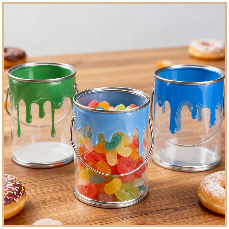24 Pcs Plastic Empty Paint Cans Buckets with Metal Lids,PVC Mini Paint Bucket Craft DIY Candy Decoration for Parties,Candy,Picnics and Decorations（2.75" L x 2.75" W x 3.54" H）