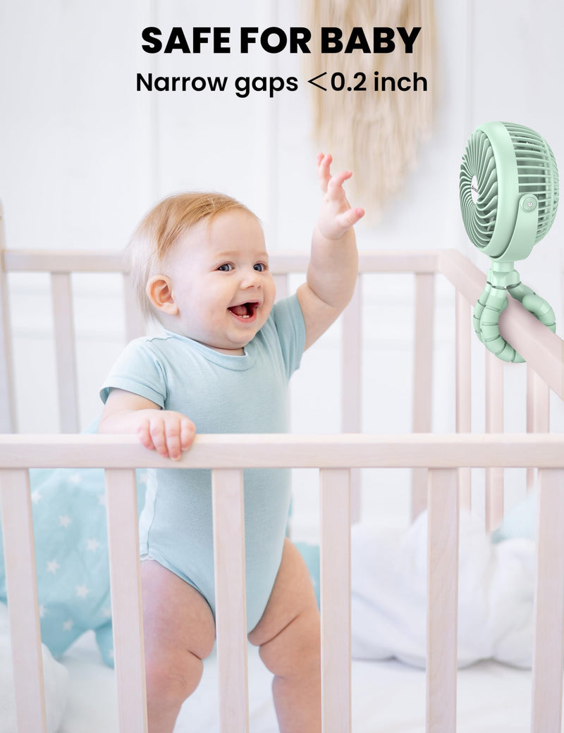 AMACOOL Baby Stroller Fan - 5000mAh Rechargeable, 3-Speed, Strong Yet Quiet, 360°Rotate Portable Clip on Fan for Travel, Car Seat, Crib, Bike, Treadmill, Beach Vacation Essentials Green