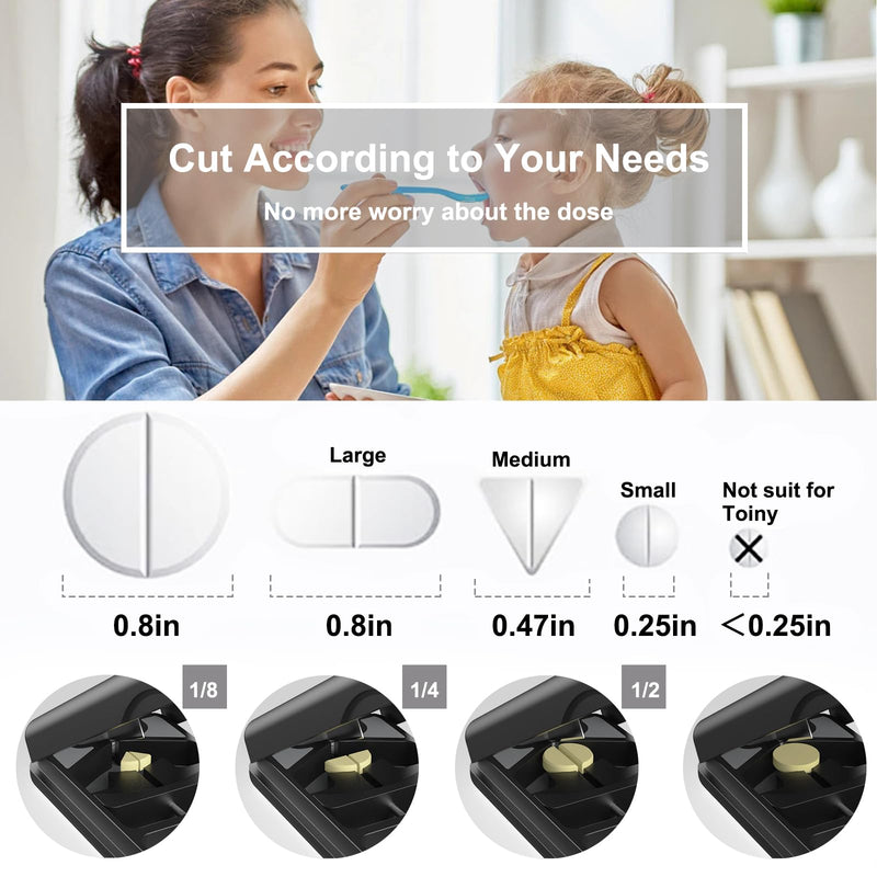 Pill Cutter with Auto Centering Device, Aluminum Pill Splitter with 316L Stainless Blade, Genuine Leather Case, Professional Pill Splitter for Cutting (Plastic,Black) Bpa-free,black