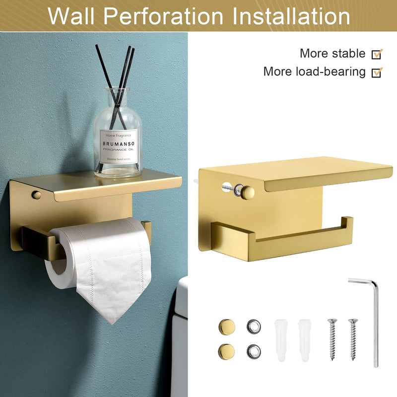 Toilet Paper Holder with Shelf Modern Bathroom Hardware Accessories, Multifunctional Gold Toilet Paper Holder,Stainless Steel Wall Mounting Brushed Gold