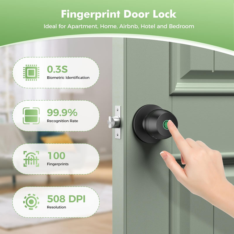 Fingerprint Door knob, Smart Door knob, Intelligent biometric Fingerprint Door Lock, keyless Entry, controllable via app, Suitable for bedrooms, Storage Rooms, Apartments, Offices, Hotels (Black) Black