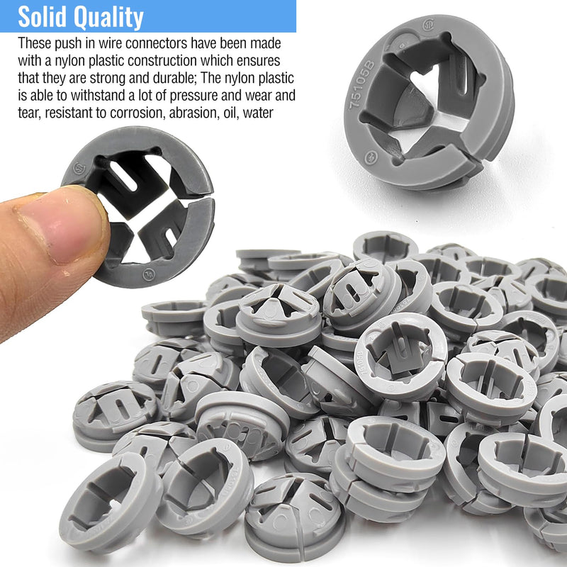 120 Pcs 3/8-1/2 Inch Electrical Box Cable Connectors, Non-Metallic Button Push in Wire Connectors, Electrical Conduit Fittings Junction Box Connector Gray, Fits for 1/2 Inch Knockouts 120