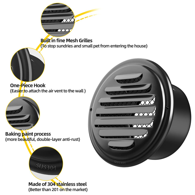 4inch 304 Stainless Steel Air Vents Cover, piiyoosnn Louvered Grille Cover Vent Flat Ducting Air Vent Wall Inlet with Built-in a Fly Screen Mesh for HVAC Ventilation 4-inch 100mm