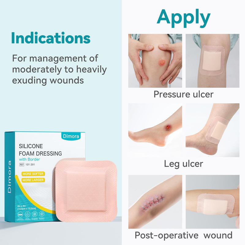 Dimora Ultra Soft Silicone Foam Dressing 4"x4" (10 Pack)- Upgraded Absorbency Wound Dressing with Widened Border, Adhesive Foam Bandages for Bed Sores, Burn, Ulcer, Surgical Wound, FSA/HSA Eligible 4x4 Inch