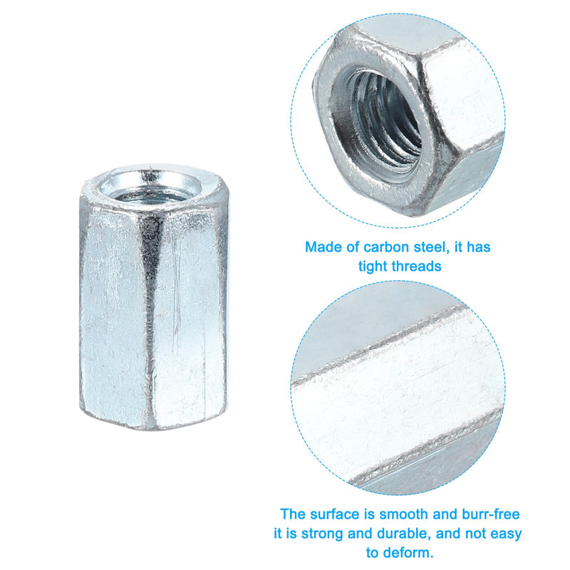 uxcell M10x1.5mm Coupling Nuts, 5 Pcs Carbon Steel Galvanized Hex Rod Coupling Nuts Threaded Rod Connectors 20mm, for Industrial Construction Fasteners, White M10x1.5mmx20mm