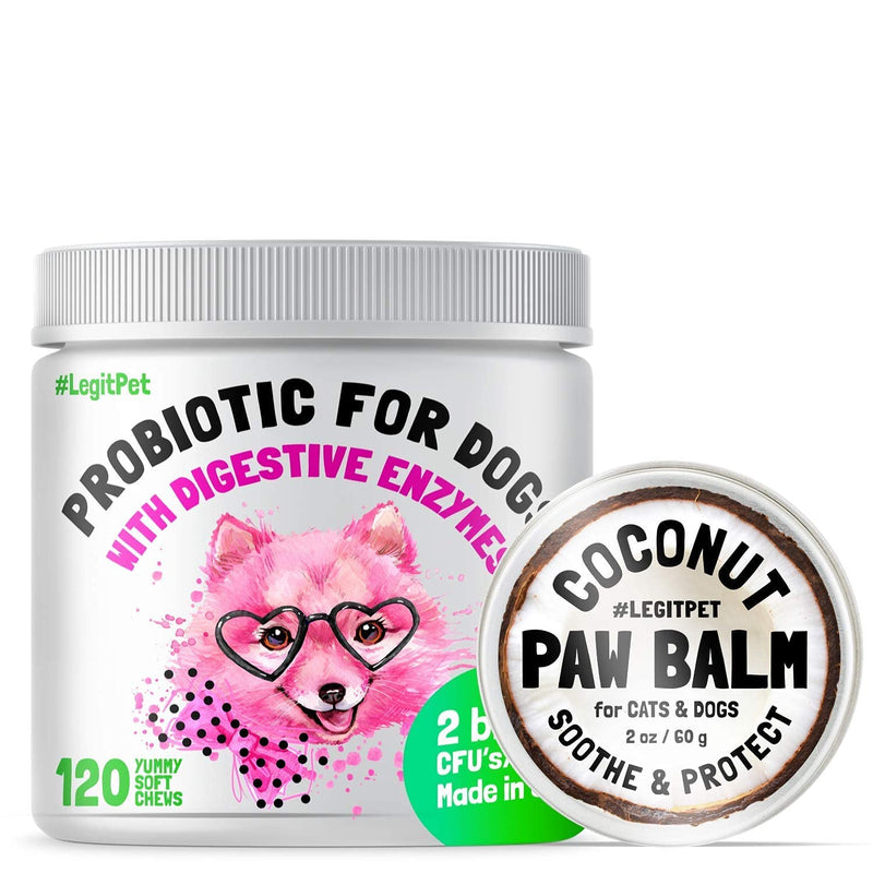 LEGITPET Probiotics for Dogs with Natural Digestive Enzymes + Prebiotics for Allergy & Itch Relief 120 Soft Chews and Paw Balm Wax Soother & Moisturizer Cream with Natural Coconut Oil 2oz Bundle