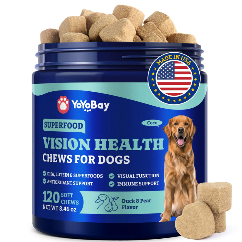 Eye Supplement for Dogs - 120 Soft Chews Dog Vision Supplement with Cod Liver Oil, Antioxidants & Omega 3 Fatty Acids - Eye Vitamins for Dogs - Duck & Pear Flavor blue-tear stain