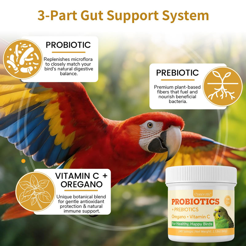 Bird Probiotic Powder for Gut Balance, Digestive & Immune Support – 10 Billion CFU Probiotic + Prebiotic with Vitamin C & Oregano – Molting & Stress Support for All Birds - Parakeet Parrot Cockatiel