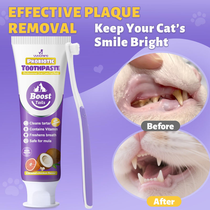 Natural Coconut Oil Dog & Cat Toothpaste for Fresh Breath 3.52oz + Cat Toothbrush and Toothpaste Kit