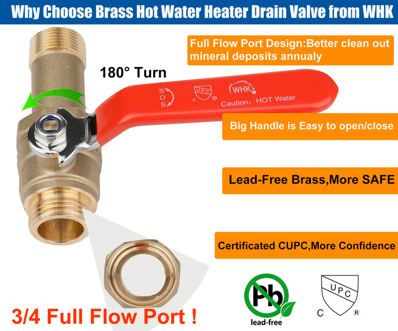 WHK Water Heater Drain Valve 3/4"MIP X 3/4" Male GHT Connection to drain or Flush Hot Water Heater Faster and Easy Big Full Port (Lead-Free Brass,2 Inch Shank with Long Handle,Straight) 2 inch shank 2 Inch shank Straight-Water heater drain valve