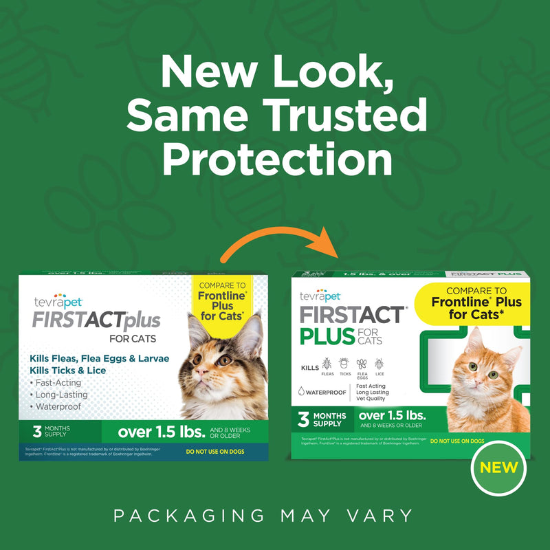 TevraPet FirstAct Plus Flea and Tick Topical for Cats over 1.5lbs, 3 Dose Waterproof Flea and Tick Control/Prevention for 3 Months 3 Doses