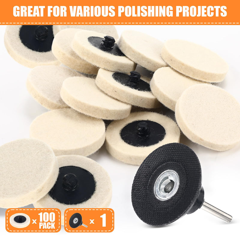100 Pcs 2 Inch Wool Polishing Wheel Buffing Pads for Drill 1/4" Shank Pads Commpressed Wool Fabric Qc Disc Polishing Buffing Pad Wheels and 1 Pcs Disc Pad Holder for Cleaning Sanding