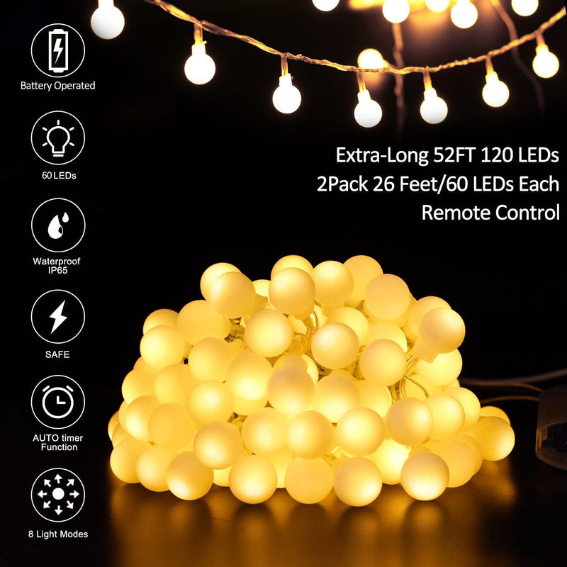 Battery Operated LED Globe String Lights, 2-Pack Total 52FT 120LEDs - Each 26FT 60LEDs 8 Mode Waterproof Christmas Fairy String Lights with Remote for Home Bedroom Garden Wedding Party Decoration Warm White/2-Pack