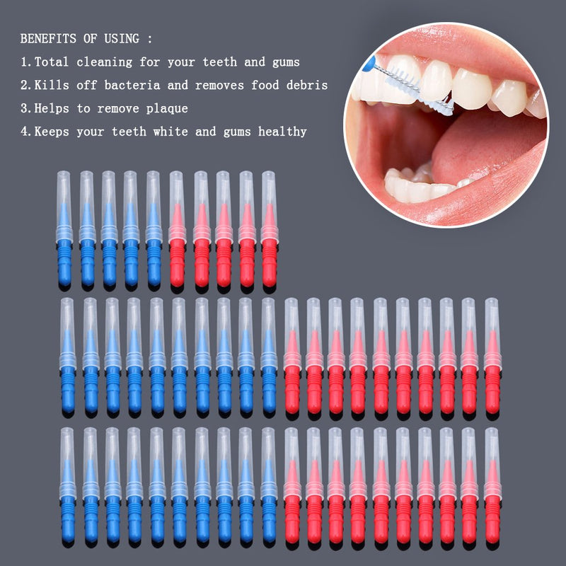 ewinever 50 Count Interdental Brush,Toothpick Tooth Flossing Head Oral Dental Hygiene Brush, Tooth Cleaning Tool (Red+Blue) Red+Blue-50 Count