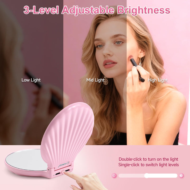 Compact Makeup Mirror with Lights - 3.5" Portable, 2-Sided, Lightweight & Shatterproof, Folding Magnifying Mirror 2X/10X, Small Gift for Women Pink