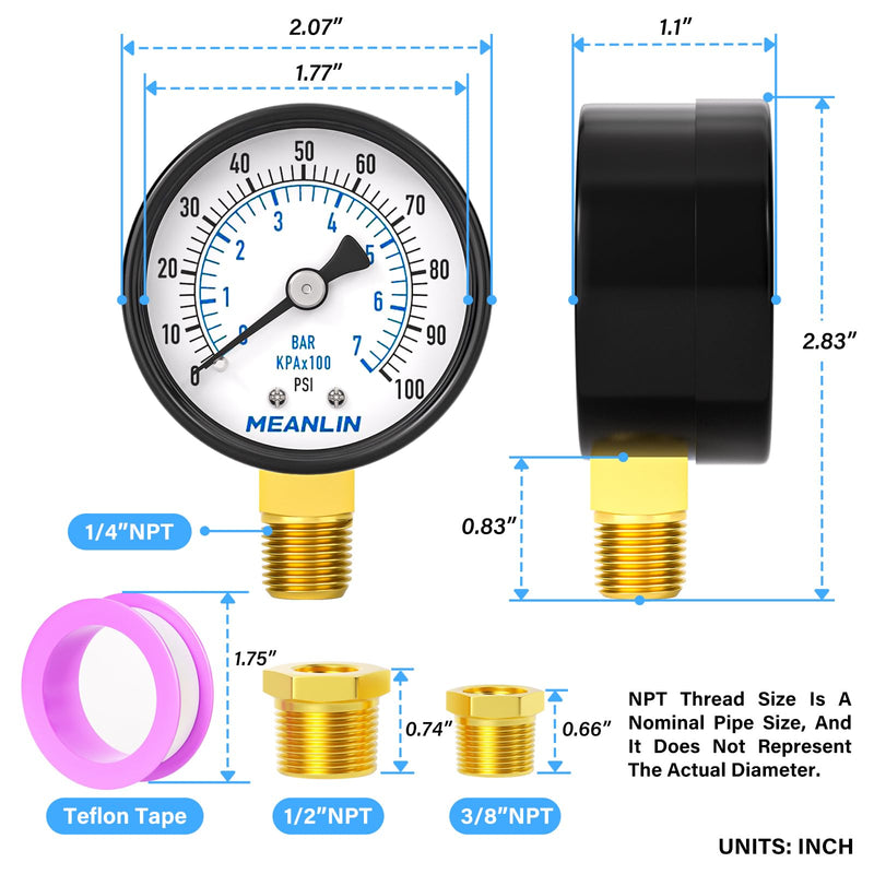 MEANLIN MEASURE 0-100Psi 2" DIAL FACE 1/4" NPT Well Pump Pressure Gauge, with 1/2" NPT and 3/8" NPT Hex Bushing, 3-2-3% Accuracy, Lower Mount (Pack of 2) 0-100Psi/2PCS 1/4"NPT Lower Mount