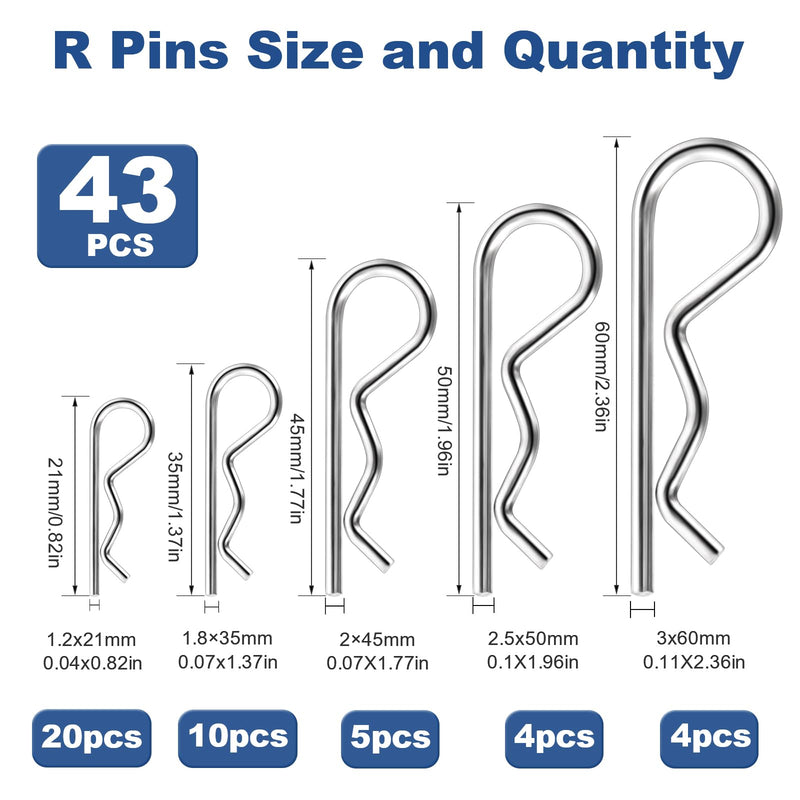 86 PCS Cotter Pin Assortment Kit, 10 Sizes Stainless Steel Cotter Pins & R Clips, Heavy Duty Pin Clips, Lock Pins for Hitch Pin Lock Systems, Lawn Mowers, Tractor