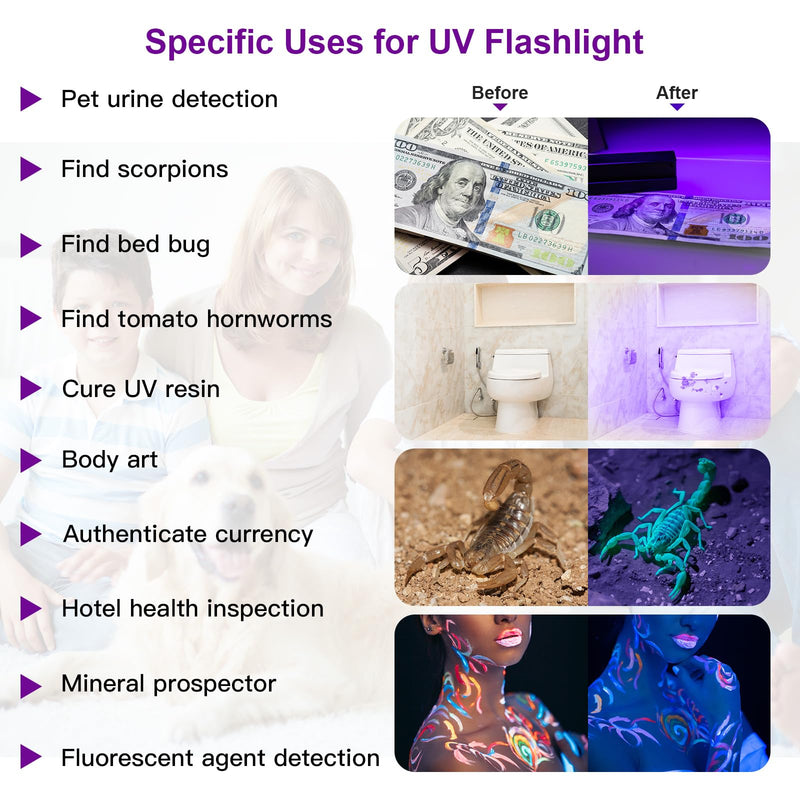 COSOOS 2 UV Black Light Flashlight, 2 Pack 395nm Mini Pen Light with Clip, Waterproof Ultraviolet Flashlight for Leak, Pet Urine, Scorpion, Hotel Inspection, Dry Stain and Bed Bug.