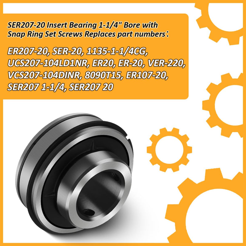 SER207-20 Insert Bearing 1-1/4" Bore with Snap Ring Set Screws for Agricultural Machinery Replaces ER20 VER220