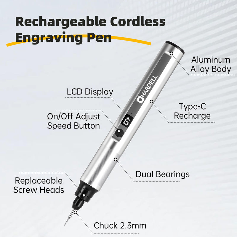 HARDELL Engraving Pen, 6 Speed, Rechargeable Engraver Pen for Artists & DIYers, Electric Engraving Tool with 41 Accessories, Engrave 60+ Surfaces, Engraving Pen for Metal, Wood, Glass and Plastic Silver